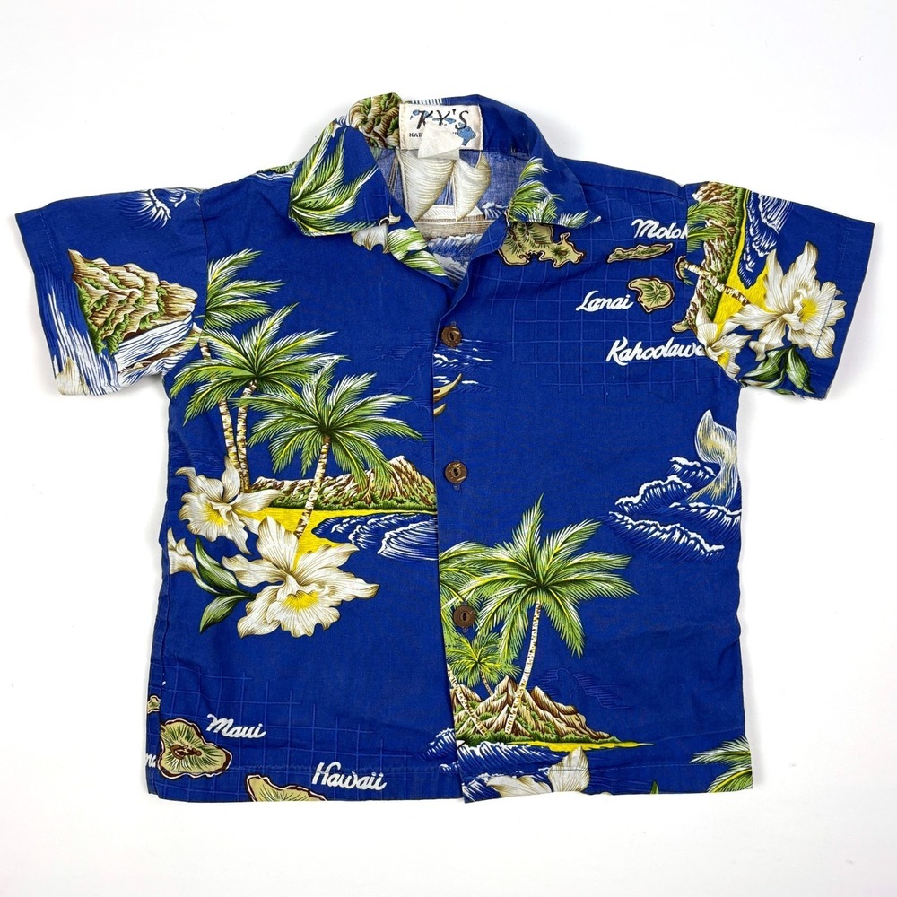 VTG 90s‎ Ky's Hawaiian Shirt Kids Sz 4 Blue Floral Palm Trees Islands Wa'a Boat